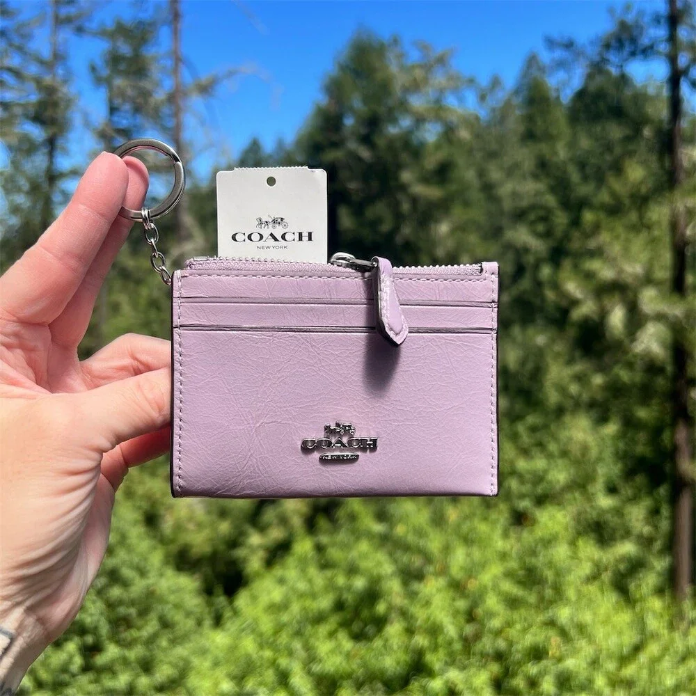 COACH Mini Skinny ID Case Cardholder Keychain Wallet Purple with Silver NWT